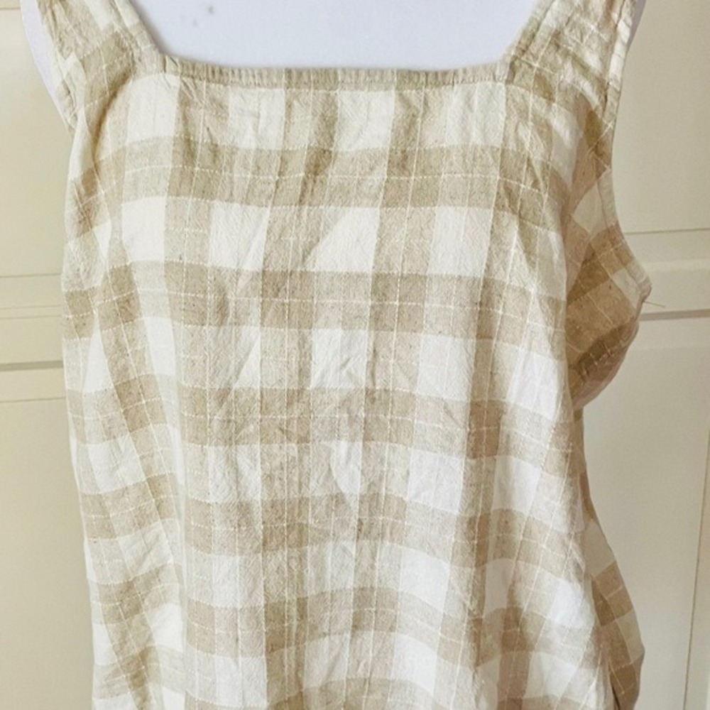 Isaac Mizrahi New linen top check neutral Relaxed‎ Summer blouse Large Tan White - Picture 3 of 9